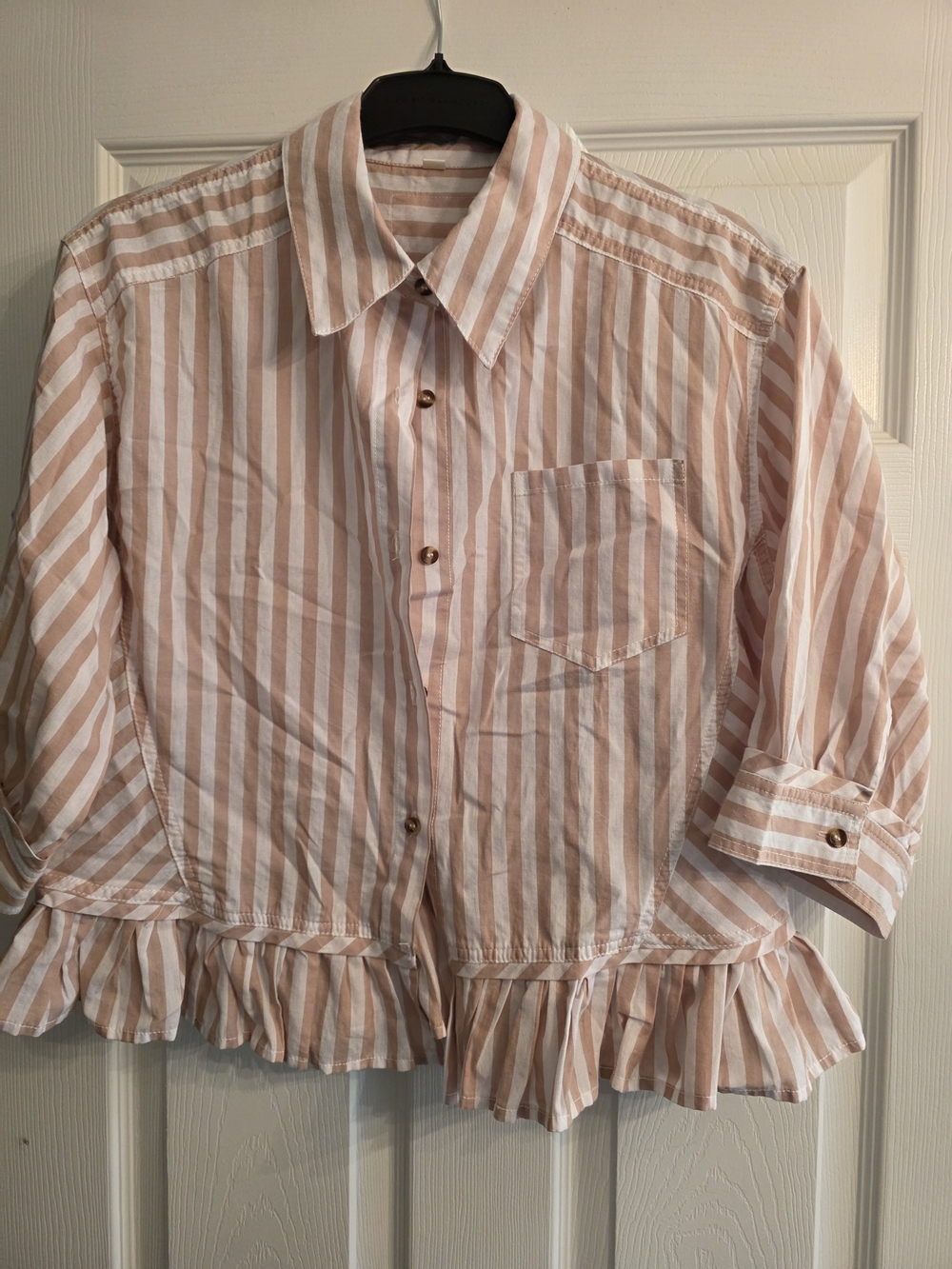 Women's Tan-White Striped Ruffle Hem Button-Down Shirt